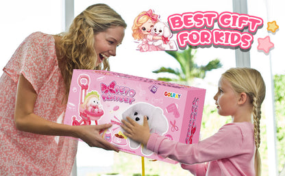 Golray Juguetes de perro para niñas, cochecito y perro de peluche electrónico interactivo que puede caminar, ladrar, 10 piezas de juguete para niña, juego de cuidado de cachorros para niños pequeños