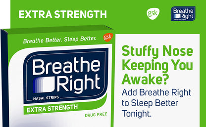 Breathe Right Bandas Nasales | Fuerza Extra | Transparentes | Para Piel Sensible | Solución Sin Fármacos para Ronquidos y Alivio de la Congestión Nasal Causada por Resfriados y Alergias | 44 Unidades