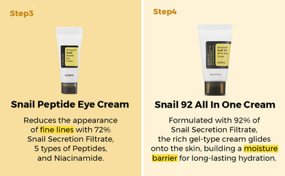 COSRX All About Snail Mucin - Juego de cuidado de la piel coreano, mini artículos esenciales de viaje, juego de regalo de tamaño de viaje con lavado facial de mucina de caracol, suero, crema hidratante y crema para ojos, kit rejuvenecedor