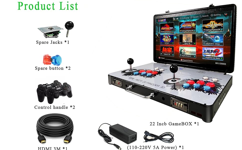 Consola de Juego Arcade Portátil WYGaming 20000 en 1 Caja de Metal, Consola de Juego Electrónico Retro de Pantalla 3D de 22 Pulgadas, con Funciones de Buscar/Ocultar/Guardar/Cargar/Pausar