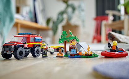 LEGO City Camión de Bomberos 4x4 con Bote de Rescate Juguete para Niños de 5 Años en Adelante, Juego de Simulación para Niños y Niñas con un Juguete de Camión, Remolque, Lancha Auxiliar y Tienda de