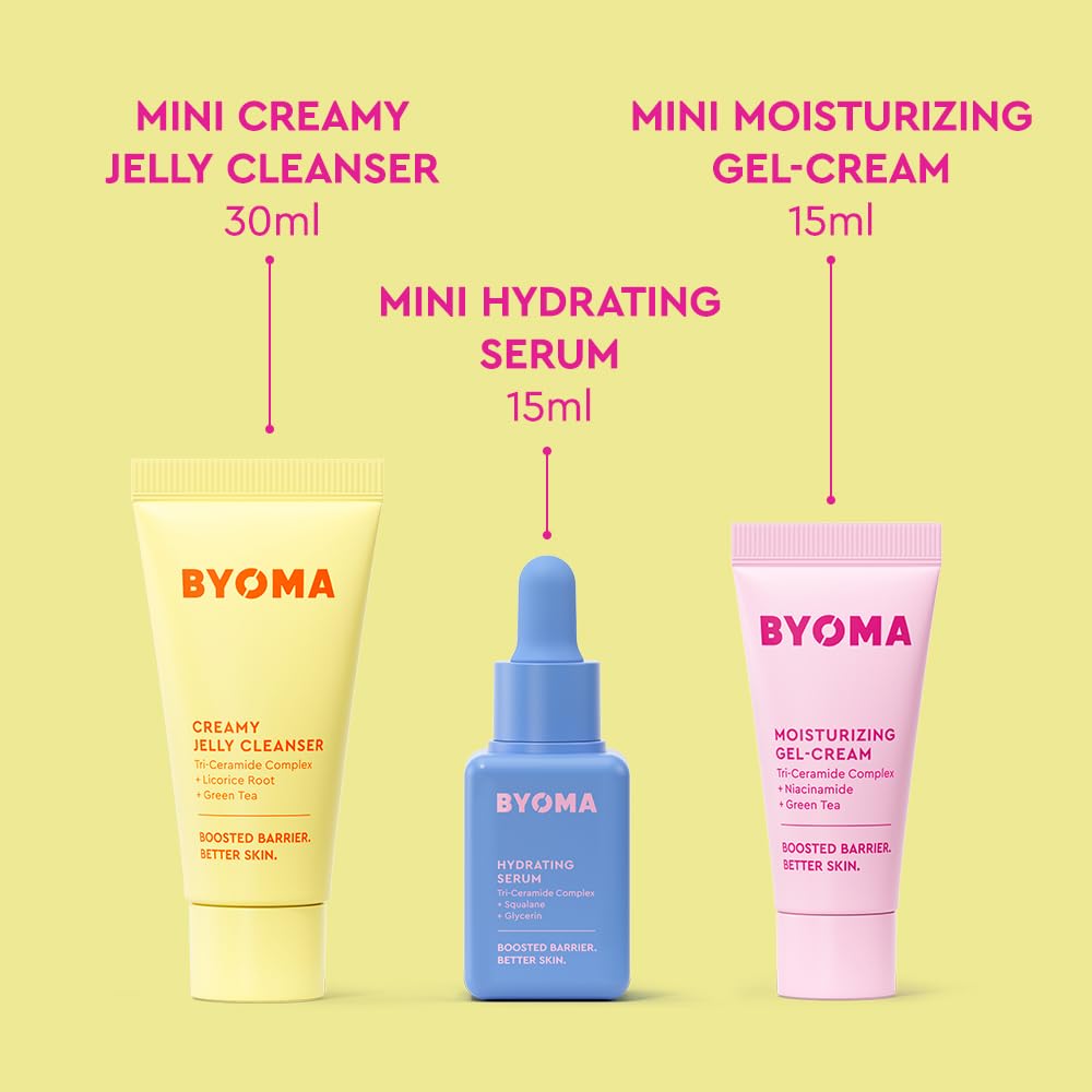 BYOMA Set Tan Hidratante - Set de Reparación de Barrera para el Cuidado de la Piel - Limpiador Cremoso en Gel, Suero Facial Hidratante y Crema Facial de Ceramida para Piel Seca - Antiarrugas, Cuidado