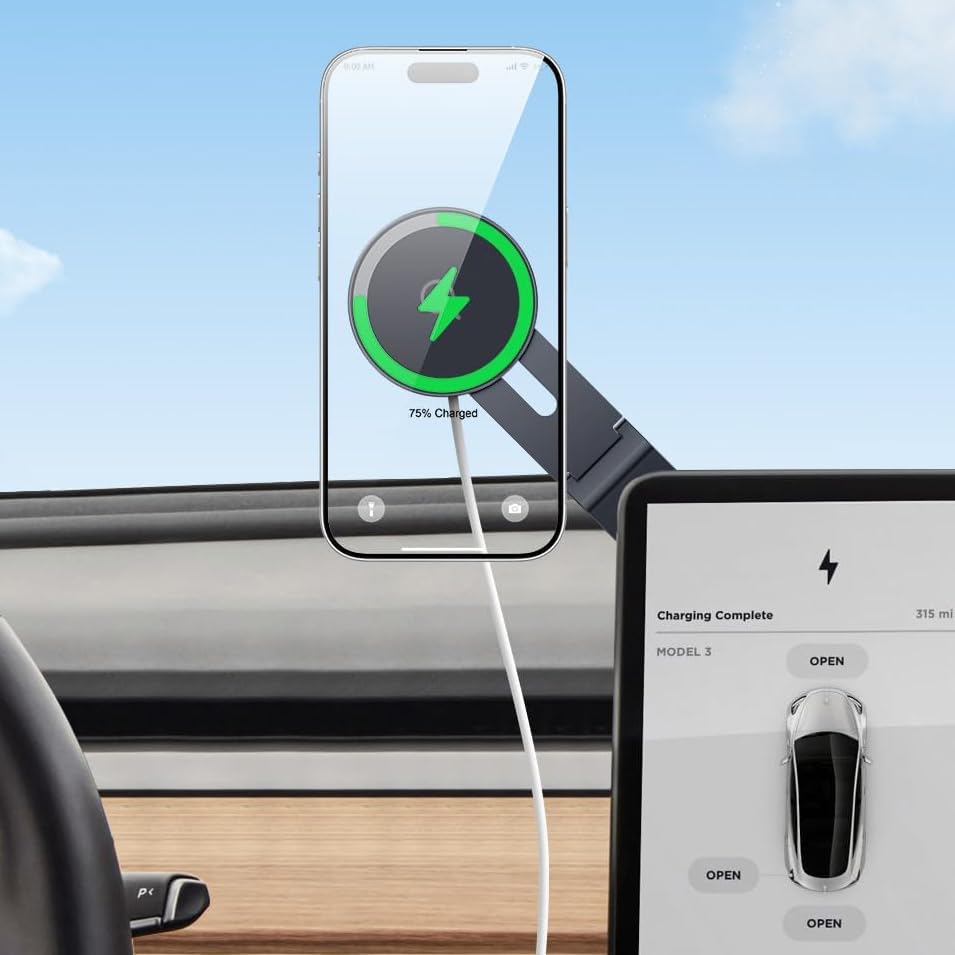 Cargador de soporte para teléfono Tesla: soporte inalámbrico de 15 W para Tesla Model 3/Y Accesorios 【 Imán N52 más fuerte + ajustable en 360° + diseño plegable? Soporte de coche para iPhone