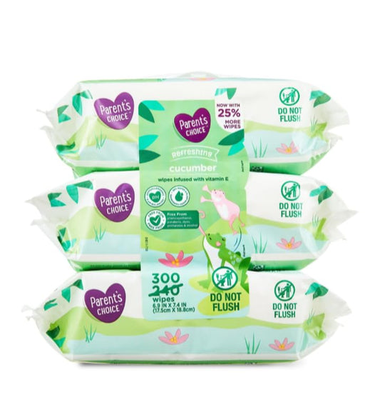 Parent's Choice Toallitas húmedas refrescantes con aroma a pepino con infusión de vitamina E y aloe, 300 unidades (el paquete económico incluye 3 paquetes de 100 unidades) - 1 paquete