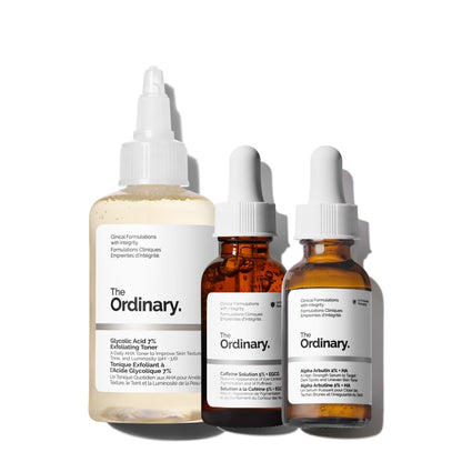 The Ordinary El Set Luminoso, régimen de 3 pasos para un tono de piel radiante y uniforme con tónico exfoliante de ácido glicólico al 7%, Alpha Arbutin 2% + AH, y solución de cafeína 5% + EGCG | Set