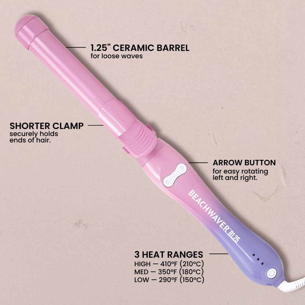 The Beachwaver Co. Beachwaver B1.25 Rizador giratorio - Rosa atardecer | Rizador de cerámica automático de 1.25 pulgadas | Apagado automático, apto para viajes, voltaje dual | Serie B (BW17SS)