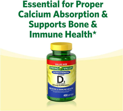 Cápsulas blandas de vitamina D3 Spring Valley, 125 mcg por cápsula,...