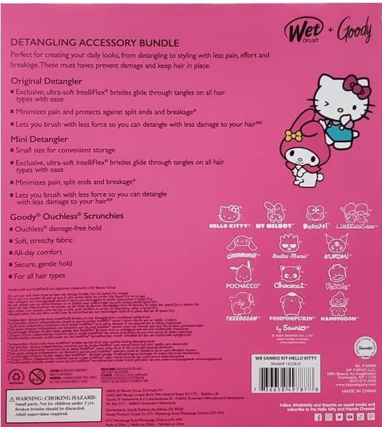 Wet Brush + Goody Paquete de Accesorios Desenredantes Hello Kitty y Amigos Juego de Coleteros Kit (1632833), 1.0 Onza