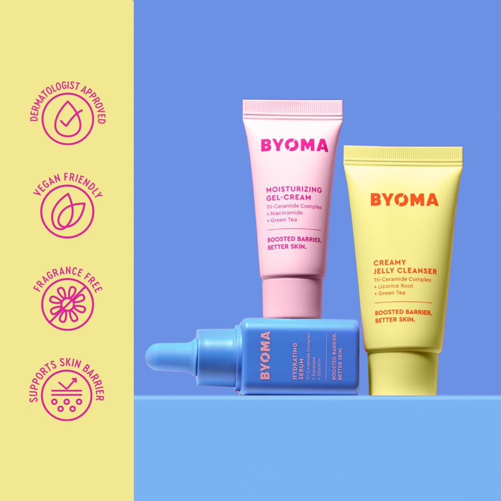 BYOMA Set Tan Hidratante - Set de Reparación de Barrera para el Cuidado de la Piel - Limpiador Cremoso en Gel, Suero Facial Hidratante y Crema Facial de Ceramida para Piel Seca - Antiarrugas, Cuidado