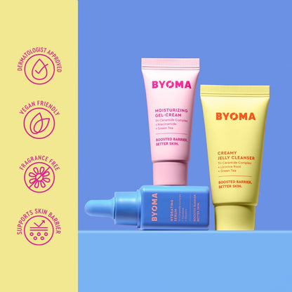 BYOMA Set Tan Hidratante - Set de Reparación de Barrera para el Cuidado de la Piel - Limpiador Cremoso en Gel, Suero Facial Hidratante y Crema Facial de Ceramida para Piel Seca - Antiarrugas, Cuidado