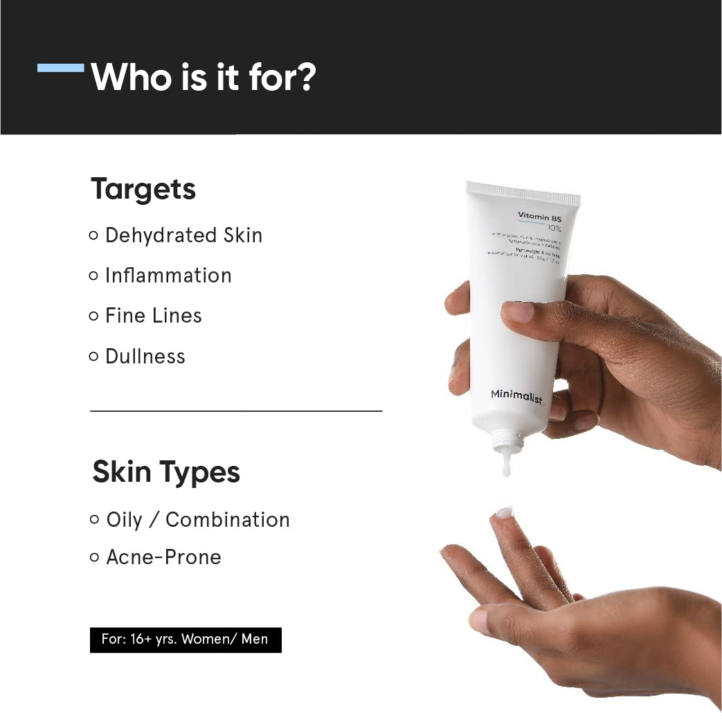 Minimalist Hidratante facial 10% de vitamina B5 para piel grasa y propensa al acné | Gel ligero de rápida absorción sin aceite | Para mujeres y hombres | 1.7 oz / 50 g