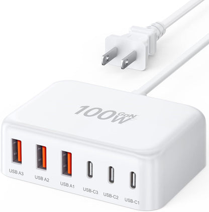 Cargador rápido USB C, bloque de estación de carga de 100W GaN de 6...