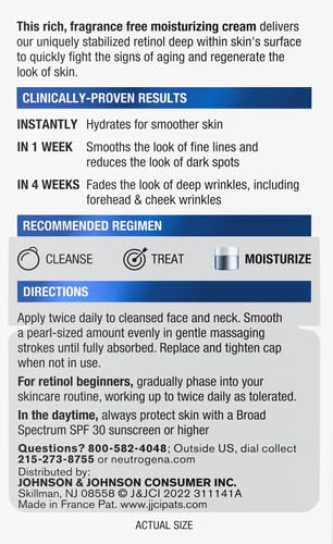 Neutrogena - Crema facial regeneradora de retinol y ácido hialurónico para reparación rápida de arrugas y crema hidratante para el cuello antiarrugas, con ácido hialurónico y retinol, 1.7 onzas