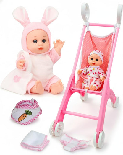 Juego de cochecito de muñeca con 2 trajes de muñeca, cochecito de bebé de juguete para muñecas con pañal, babero y mini bolsa, regalo imaginativo para juegos de roles para niños mayores de