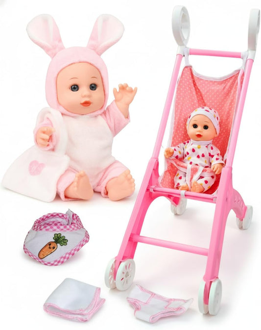 Juego de cochecito de muñeca con 2 trajes de muñeca, cochecito de bebé de juguete para muñecas con pañal, babero y mini bolsa, regalo imaginativo para juegos de roles para niños mayores de