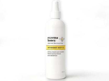 ECZEMA HONEY Aceite corporal antioxidante – Spray de aceite corporal para después de la ducha para la piel – Aceite hidratante sensible y propenso al eczema – Aceites corporales sin perfume para mujeres, hombres y niños (8 onzas líquidas)