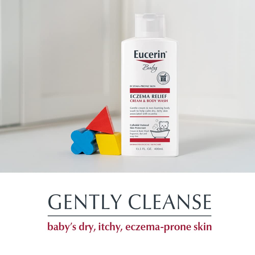 Eucerin Baby, Crema de Alivio del Eccema, Jabón Corporal, Sin Fragancia - Jabón Corporal para Eccema de Bebés con Avena Coloidal, Botella de 13.5 Fl Oz
