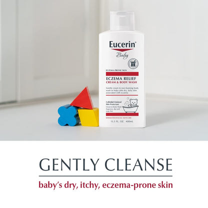 Eucerin Baby, Crema de Alivio del Eccema, Jabón Corporal, Sin Fragancia - Jabón Corporal para Eccema de Bebés con Avena Coloidal, Botella de 13.5 Fl Oz
