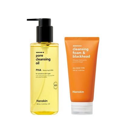 Hanskin K-Beauty - Aceite limpiador PHA (6.76 onzas) y espuma limpiadora | Eliminación de puntos negros, exfoliación suave y cuidado de poros para pieles grasas, propensas al acné y mixtas, juego