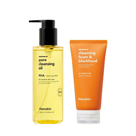 Hanskin K-Beauty - Aceite limpiador PHA (6.76 onzas) y espuma limpiadora | Eliminación de puntos negros, exfoliación suave y cuidado de poros para pieles grasas, propensas al acné y mixtas, juego
