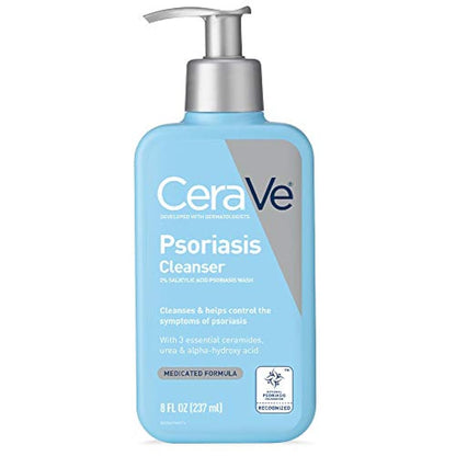 CeraVe Limpiador para el tratamiento de la psoriasis, con ácido salicílico para el alivio de la picazón de la piel seca y ácido láctico para la exfoliación, sin fragancias y probado contra alergias, 8