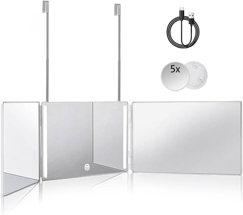 HIEEY Espejo triple 360 de 3 vías con LED, ganchos telescópicos aju...