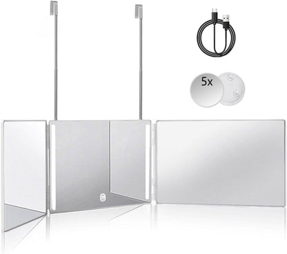 HIEEY Espejo triple 360 de 3 vías con LED, ganchos telescópicos aju...