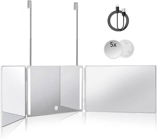 HIEEY Espejo triple 360 de 3 vías con LED, ganchos telescópicos aju...