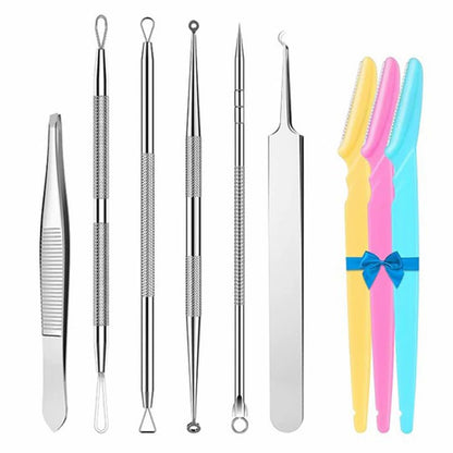 9-in-1 stainless steel blackhead and acne tool set, slanted eyebrow...