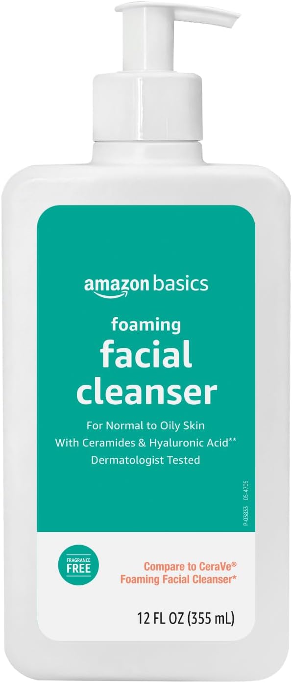 Amazon Basics Limpiador facial espumoso con ceramidas y ácido hialurónico, suave lavado facial diario, no comedogénico, sin fragancia, 12 onzas líquidas