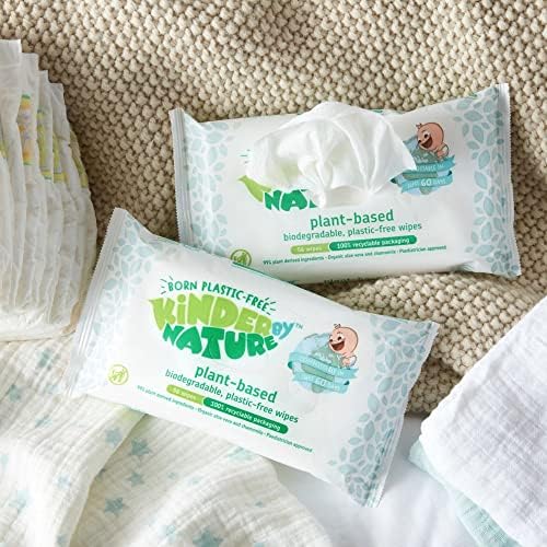 Kinder by Nature Toallitas para bebés a base de plantas, 100% biodegradables y compostables, 672 unidades (12 paquetes de 56), 99% ingredientes a base de plantas, toallitas sin plástico