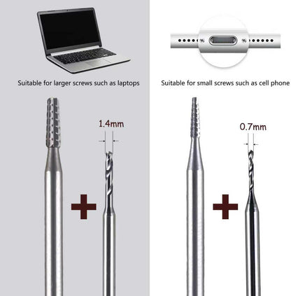 Eliminación de tornillos dañados para teléfono celular, recargable, extractor de tornillos rotos para iPhone, 4 brocas de acero de tungsteno (0.098 pulgadas) para quitar tornillos pelados, kit de