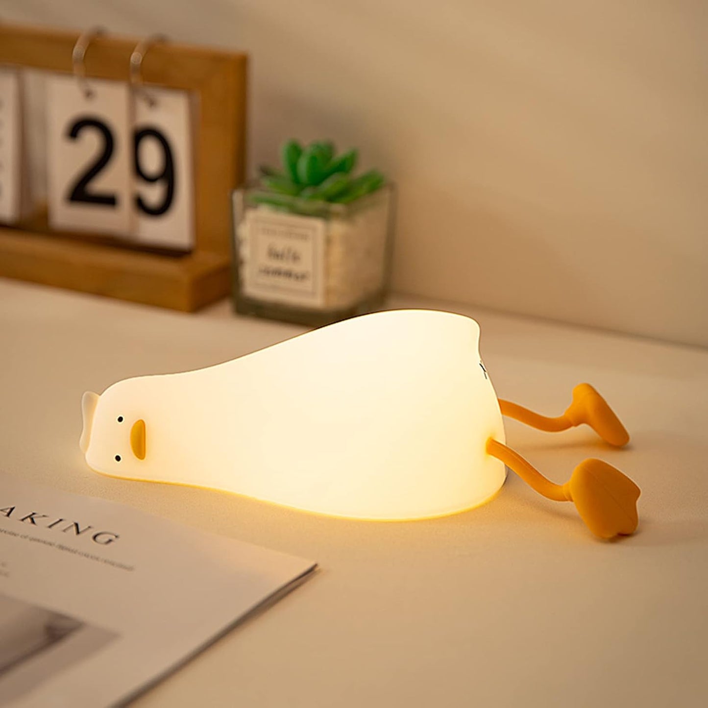 MUID Benson - Luz nocturna de pato acostado plano, lámpara LED de pato suave, lindo pato iluminado, luz nocturna de silicona regulable para guardería, lámpara táctil recargable de mesita de noche para