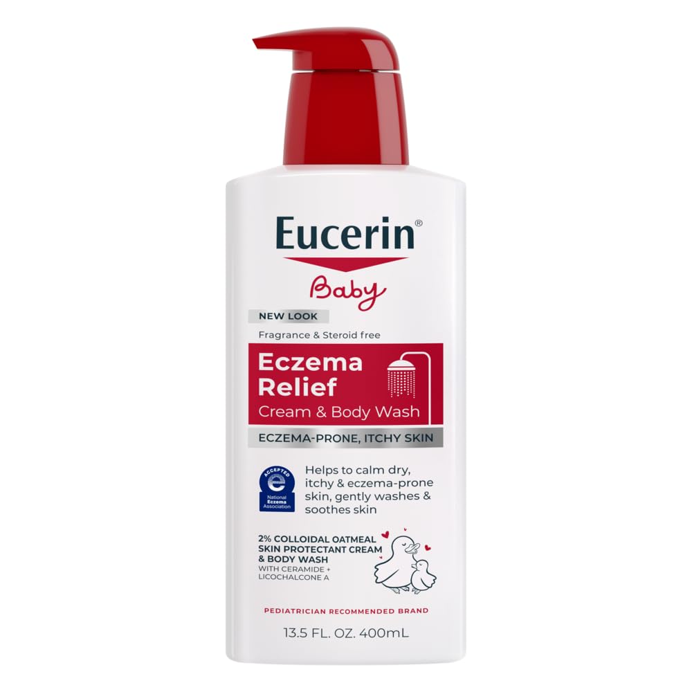 Eucerin Baby, Crema de Alivio del Eccema, Jabón Corporal, Sin Fragancia - Jabón Corporal para Eccema de Bebés con Avena Coloidal, Botella de 13.5 Fl Oz