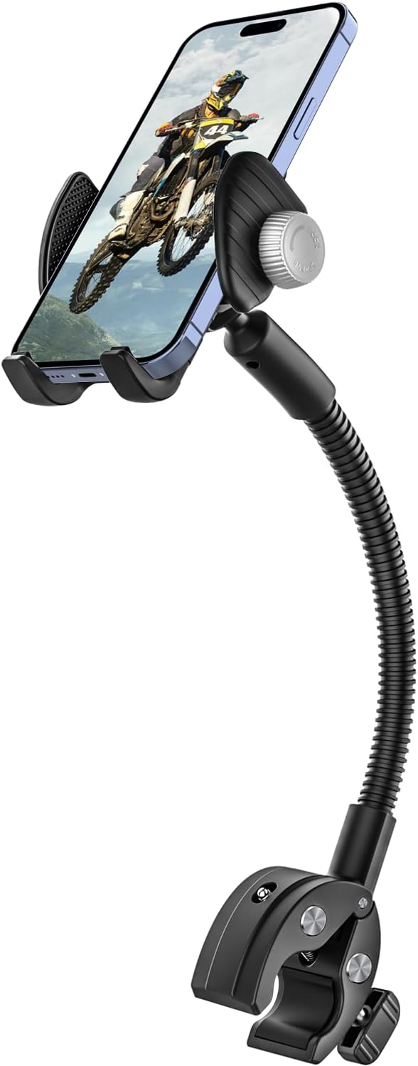 Soporte de teléfono de cuello de cisne para silla de ruedas, cochecito, carrito de golf, barco, soporte de micrófono, bicicleta de ciclismo interior, abrazadera de manillar de bicicleta de gimnasio para iPhone Air 17 Pro Max 16 15 14 13 12 Plus, S25, telé