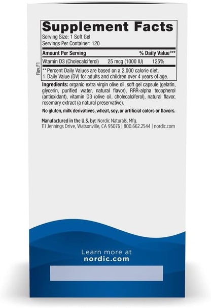 Nordic Naturals Vitamina D3 1000, Naranja - 120 mini geles blandos - 1000 UI de vitamina D3 - Soporta huesos saludables, estado de ánimo y función del sistema inmunitario - Sin OGM - 120 porciones
