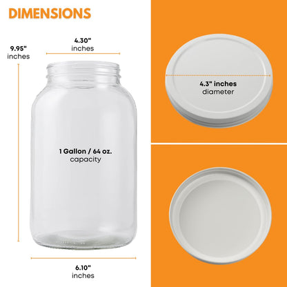 FastRack - Tarro de boca ancha de un galón con tapa hermética de METAL blanco (paquete de 4) | Botes de vidrio con tapas herméticas | Tarro de vidrio de boca grande con tapa de fermentación para