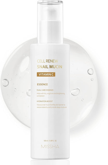 MISSHA Cell Renew Snail Mucin - Suero de esencia de vitamina C, 3.38 onzas líquidas, cuidado de la piel coreano hidratante para piel de vidrio, suero de mucina de caracol para mejorar la textura y la
