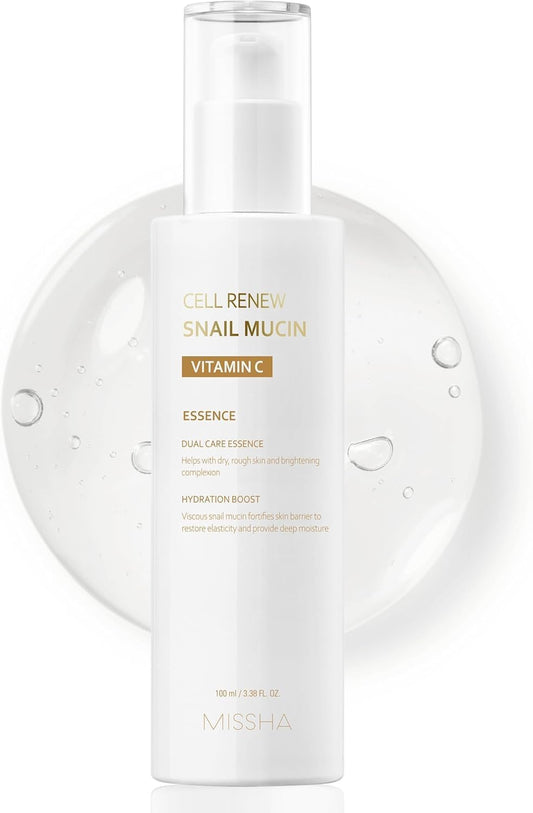 MISSHA Cell Renew Snail Mucin - Suero de esencia de vitamina C, 3.38 onzas líquidas, cuidado de la piel coreano hidratante para piel de vidrio, suero de mucina de caracol para mejorar la textura y la