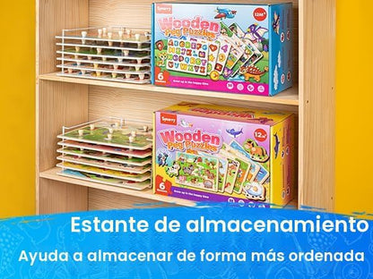 SYNARRY Rompecabezas de madera para niños pequeños de 1 a 3 años, 6 rompecabezas para niños pequeños de 2 a 4 años con estante, aprendizaje del alfabeto con forma de número animal dinosaurio, regalo