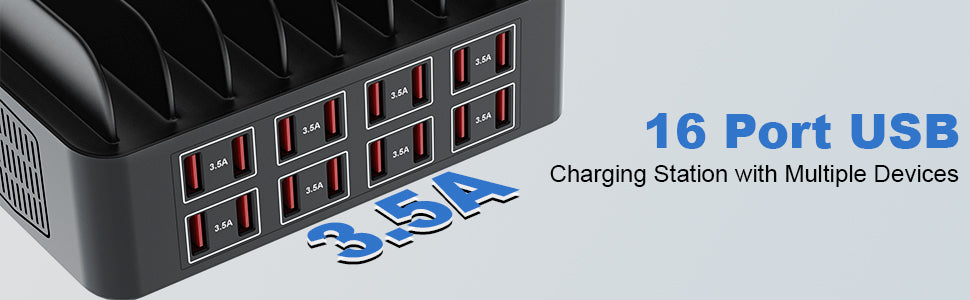 Estación de carga para múltiples dispositivos, estación de carga USB Cinlinso de 150 W/35 A, 16 puertos, organizador de cargador rápido para múltiples dispositivos, compatible con iPad, tableta, teléfono celular Kindle y otros dispositivos electrónicos