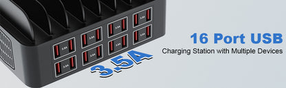 Estación de carga para múltiples dispositivos, estación de carga USB Cinlinso de 150 W/35 A, 16 puertos, organizador de cargador rápido para múltiples dispositivos, compatible con iPad, tableta, teléfono celular Kindle y otros dispositivos electrónicos