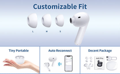 Auriculares inalámbricos A40 Pro, auriculares Bluetooth de 50 horas de reproducción, micrófono integrado con cancelación de ruido con funda de carga, auriculares Bluetooth con sonido estéreo