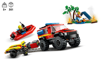 LEGO City Camión de Bomberos 4x4 con Bote de Rescate Juguete para Niños de 5 Años en Adelante, Juego de Simulación para Niños y Niñas con un Juguete de Camión, Remolque, Lancha Auxiliar y Tienda de