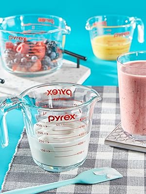 Pyrex Essentials (3-Pack) Tazas medidoras de vidrio, juego de tazas medidoras (1, 2 y 4 tazas) para preparar, hornear y cocinar, aptas para horno precalentado, lavavajillas, congelador y microondas