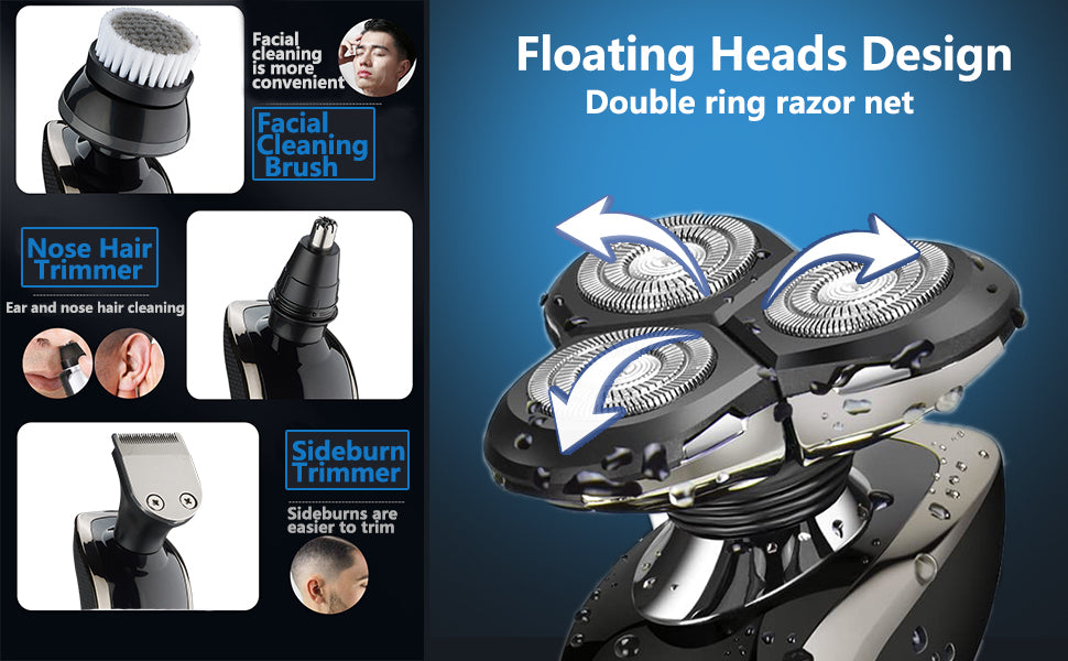 Maquinilla de afeitar eléctrica para hombre, recargable, impermeable, rotativa para afeitar, con recortadora de nariz, patillas, recortadora, cepillo de limpieza facial