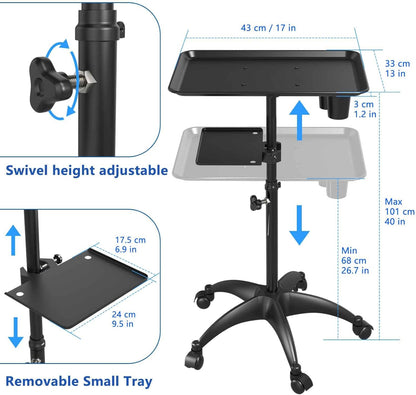 Carrito de Bandeja de Salón con Plataforma de Almacenamiento, Bandeja de Tatuaje de Aluminio con Ruedas Carrito de Altura Ajustable, Equipo de Bandeja de Salón Bandeja de Almacenamiento de