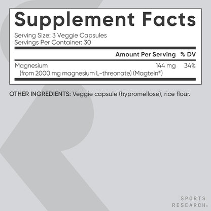 Sports Research® Cápsulas de L-treonato de magnesio de 2000 mg - Ma...