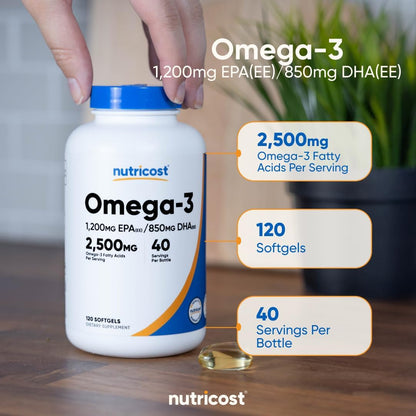 Nutricost Aceite de pescado Omega 3, 2500 mg, 120 cápsulas blandas...