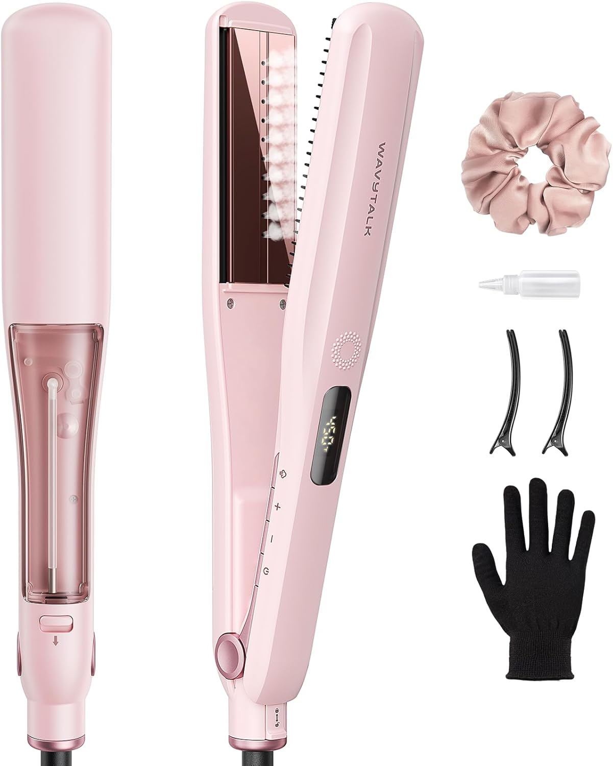 Wavytalk Plancha de pelo a vapor, sesión de vapor, reduce el daño, nutre el cabello y acelera el alisado, plancha plana de titanio nano de 1.38'' con peine desmontable para alisado sedoso, Rosa Sakura